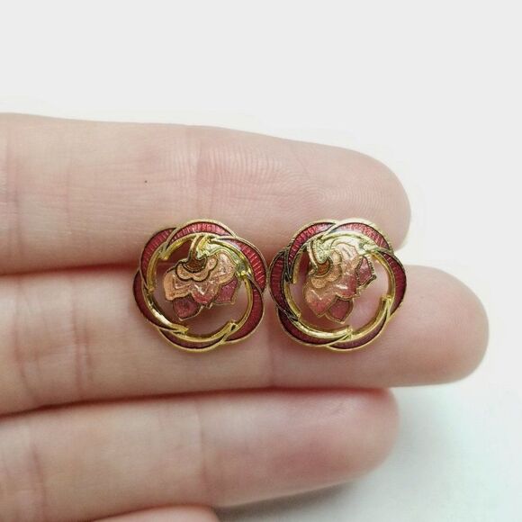 Vintage Red Pink Enamel Floral Stud Earrings, Retro 80s Style, Estate - Picture 2 of 6